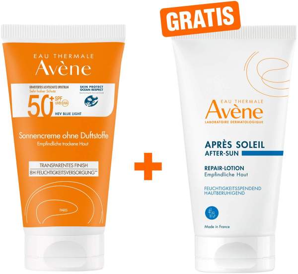 Avene Sonnencreme SPF 50+ ohne Duftstoffe 50 ml + gratis Repair - Lotion nach der Sonne 50 ml