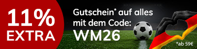 Machen Sie Ihren Einkauf zum Volltreffer und sichern Sie sich nur für kurze Zeit 11% WM-Rabatt ab 59€ Einkaufswert.