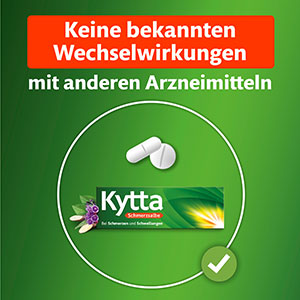 Gezeigt wird die Verpackung von Kytta Schmerzsalbe gegen Schmerzen und Schwellungen sowie 2 weiße Tabletten. Über dem Bild steht: Keine bekannten Wechselwirkungen mit anderen Arzneimitteln.