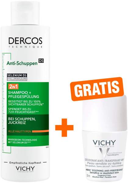 Vichy Dercos Anti-Schuppen 2in1 Shampoo + Conditioner 200 ml + gratis Vichy Deo Roll-on 48h 50ml