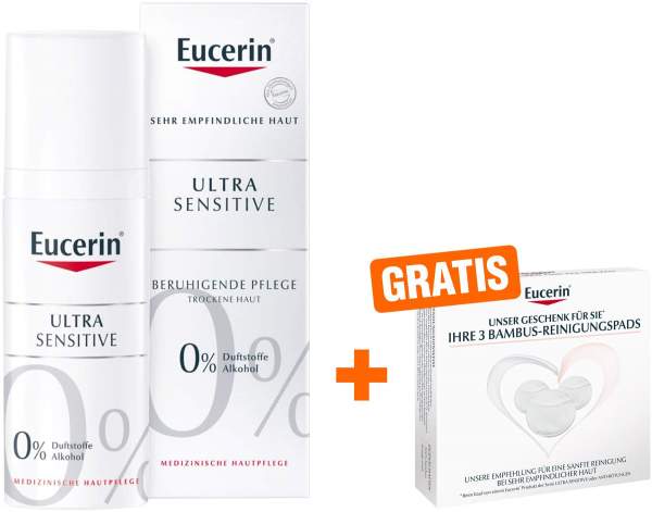 Eucerin Ultrasensitive beruhigende Pflege trockene Haut 50 ml + gratis Bambus Reinigungspads 3 Stück