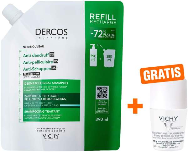 Vichy Dercos Anti-Schuppen Shampoo fettige Kopfhaut Nachfüllpack 390ml + gratis Vichy Deo Roll-on 50ml