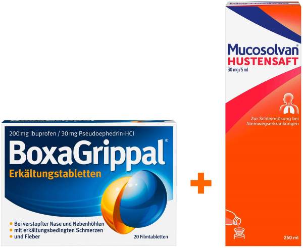 Sparset Erkältung Boxa Grippal 20 Filmtabletten &amp; Mucosolvan 30 mg pro 5 ml 250 ml 1 Set