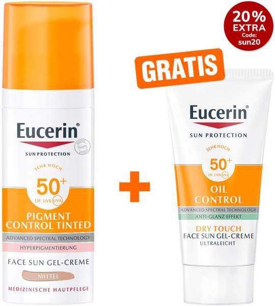 Eucerin Sun Pigment Control Face fluid Getönt (Mittel) LSF 50+ 50 ml + gratis Sun Gel-Creme Oil Control 20 ml