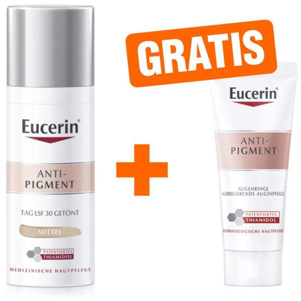 Eucerin Anti - Pigment Tagespflege Getönt mittel 50 ml Creme + gratis Eucerin Anti - Pigment Augenpflege Augenringe 15ml