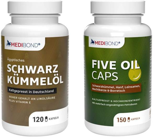 Vorteilsset Schwarzkümmelöl Medibond 120 Kapseln + Five Oil Caps Medibond 150 Kapseln