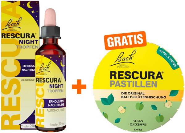 Bachblüten Rescura Night alkoholfrei 20 ml Tropfen + gratis Bach Original Rescura Apfel - Minze 50 g Pastillen