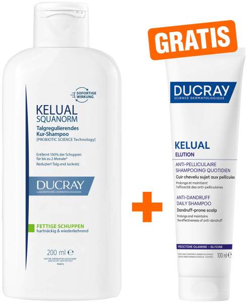 Ducray Kelual Squanorm fettige Schuppen 200 ml Shampoo + gratis Ducray Elution ausgl. Shampoo 100 ml