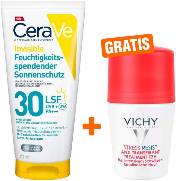 CeraVe Feuchtigkeitsspendender Sonnenschutz LSF 30 177 ml + gratis Vichy Deo Stress Resist 72h 50 ml