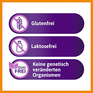 Femibion Produktvorteile: Glutenfrei, Laktosefrei und ohne gentechnisch veränderte Organismen, hervorgehoben durch entsprechende Symbole.