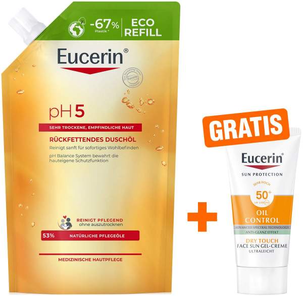 Eucerin pH5 Duschöl 400 ml Nachfüllbeutel empfindliche Haut + gratis Eucerin Sun Gelcreme Oil Control 20 ml