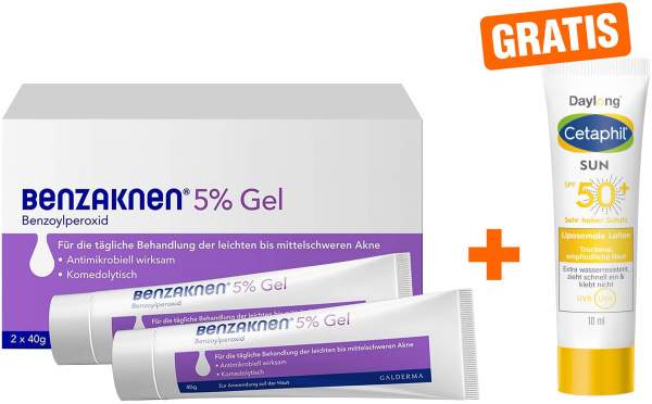 Benzaknen 5% Gel 2 x 40 g + gratis Cetaphil Sun Daylong SPF 50+ Liposomale Lotion 10 ml