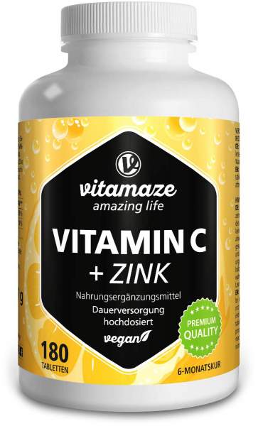 Vitamin C 1000 mg Hochdosiert + Zink 180 Vegane Tabletten