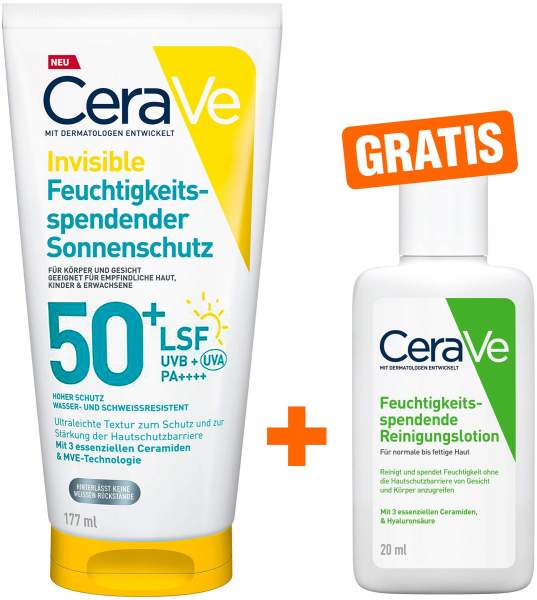 CeraVe Invisible Feuchtigkeitsspendender Sonnenschutz LSF 50+ 177 ml + gratis CeraVe Reinigungslotion 20 ml