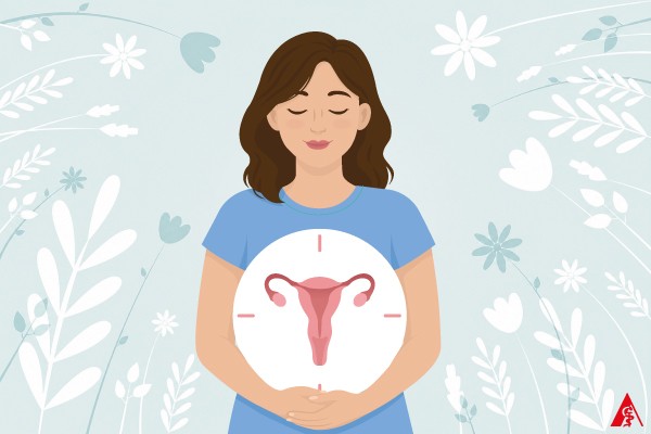 Eine Illustration einer Frau, die eine Uhr in den Händen halt. Auf dieser ist ein weiblicher Uterus abgebildet.