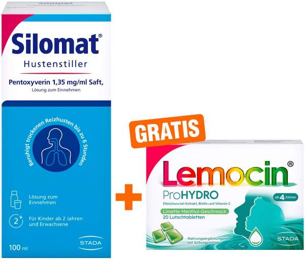 Silomat Hustenstiller Pentoxyverin 1,35 mg je ml Saft 100 ml + gratis Lemocin ProHydro 20 Lutschtabletten