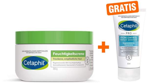 Cetaphil Feuchtigkeitscreme 250 g Creme + gratis Pro Itch Control Repair sensitive regenerierende Handcreme 50 ml