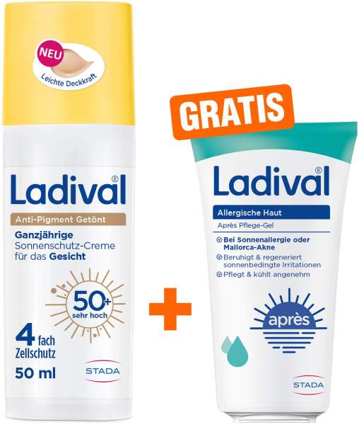 Ladival Anti-Pigment Sonnenschutz-Creme getönt LSF 50+ 50 ml + gratis Ladival allergische Haut Apres Pflege-Gel 50 ml
