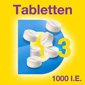 Vigantol Tabletten D3 1000 I.E. zur Unterstützung der täglichen Vitamin-D-Versorgung, dargestellt durch Tabletten auf blauem D3-Hintergrund.