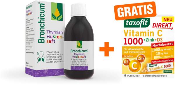 Bronchicum Thymian Hustensaft 200 ml + gratis Taxofit Vitamin C 1000 direkt Granulat 5 Beutel